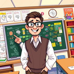 A pixel art scene depicting a psychologist styled like a professor, standing in front of a blackboard in a classroom