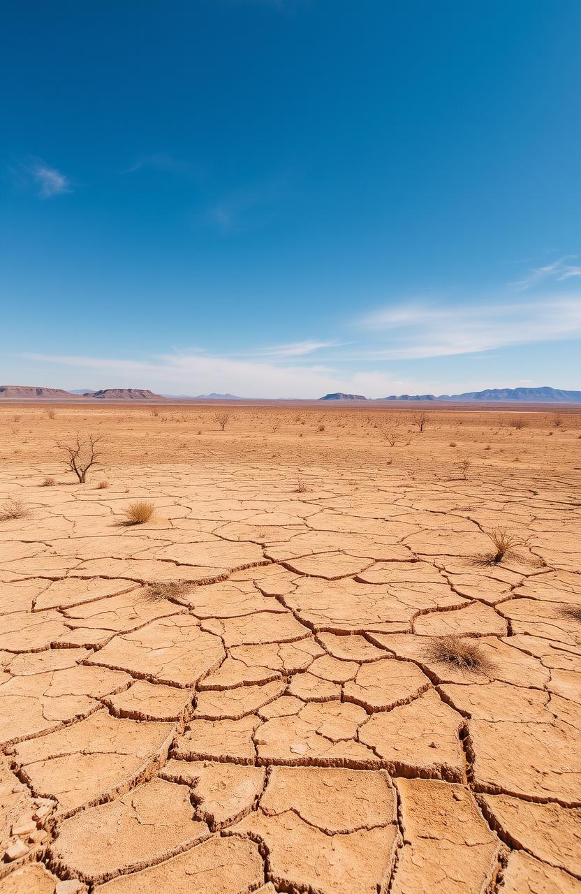 a vast expanse of arid, dry land, with cracked earth and sparse vegetation, the ground is a mix of browns and yellows, under a bright blue sky with a few wispy clouds, a sense of desolation and beauty combined in this barren landscape