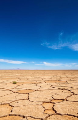 a vast expanse of arid, dry land, with cracked earth and sparse vegetation, the ground is a mix of browns and yellows, under a bright blue sky with a few wispy clouds, a sense of desolation and beauty combined in this barren landscape