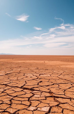 a vast expanse of arid, dry land, with cracked earth and sparse vegetation, the ground is a mix of browns and yellows, under a bright blue sky with a few wispy clouds, a sense of desolation and beauty combined in this barren landscape