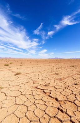 a vast expanse of arid, dry land, with cracked earth and sparse vegetation, the ground is a mix of browns and yellows, under a bright blue sky with a few wispy clouds, a sense of desolation and beauty combined in this barren landscape