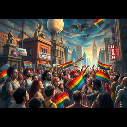 An artistic representation of queer necropolitics, showcasing a vibrant and diverse urban landscape infused with elements of LGBTQ+ symbolism, such as rainbow colors and inclusive imagery
