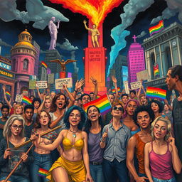 An artistic representation of queer necropolitics, showcasing a vibrant and diverse urban landscape infused with elements of LGBTQ+ symbolism, such as rainbow colors and inclusive imagery