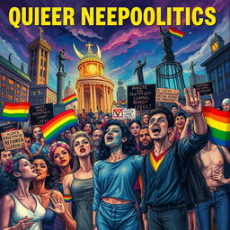 An artistic representation of queer necropolitics, showcasing a vibrant and diverse urban landscape infused with elements of LGBTQ+ symbolism, such as rainbow colors and inclusive imagery