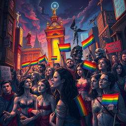 An artistic representation of queer necropolitics, showcasing a vibrant and diverse urban landscape infused with elements of LGBTQ+ symbolism, such as rainbow colors and inclusive imagery