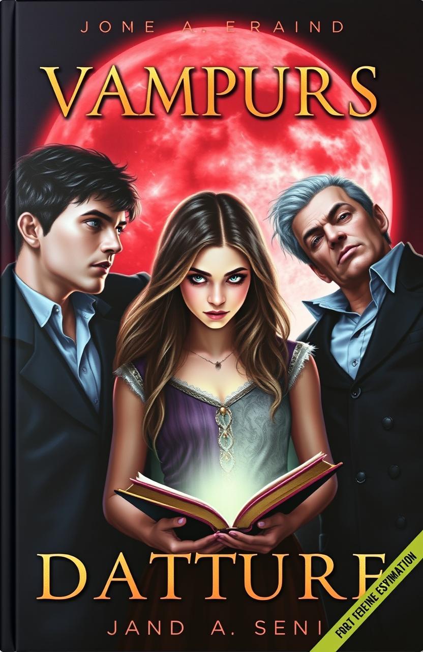 A captivating book cover featuring three vampire brothers and a teenage witch, with the witch holding an ancient book in her hands