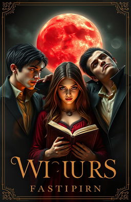 A captivating book cover featuring three vampire brothers and a teenage witch, with the witch holding an ancient book in her hands
