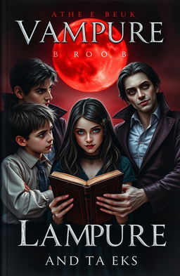 A captivating book cover featuring three vampire brothers and a teenage witch, with the witch holding an ancient book in her hands