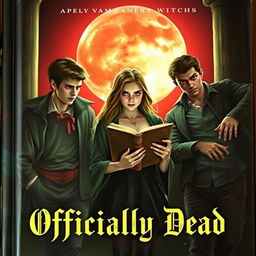 An enchanting book cover titled 'Officially Dead', depicting three vampire brothers encircling a teenage witch who holds an ancient book in her hands