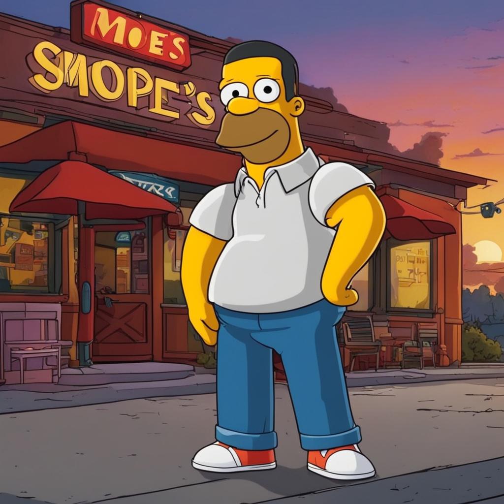 Drake as a Simpsons character standing outside Moe's Tavern with a Duff beer in hand at sunset.