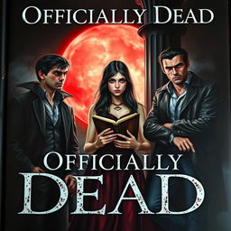 An enchanting book cover titled 'Officially Dead', depicting three vampire brothers encircling a teenage witch who holds an ancient book in her hands