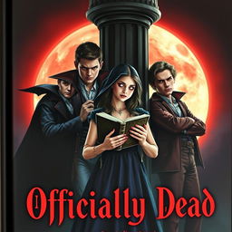 An enchanting book cover titled 'Officially Dead', depicting three vampire brothers encircling a teenage witch who holds an ancient book in her hands
