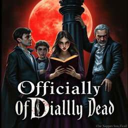 An enchanting book cover titled 'Officially Dead', depicting three vampire brothers encircling a teenage witch who holds an ancient book in her hands