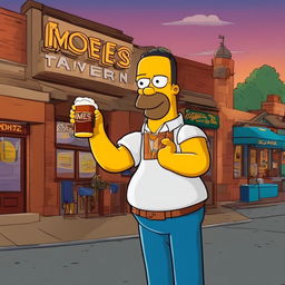 Drake as a Simpsons character standing outside Moe's Tavern with a Duff beer in hand at sunset.