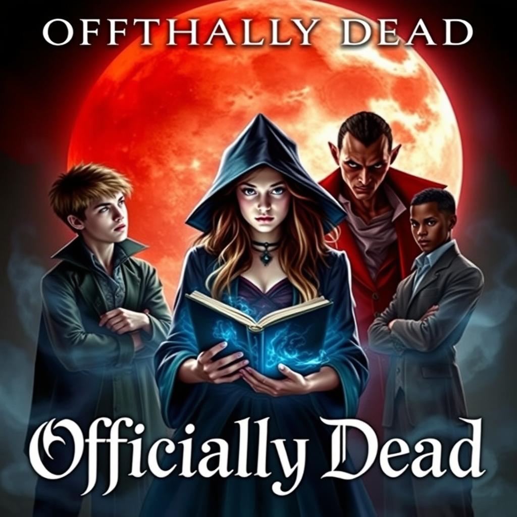 An alluring book cover titled 'Officially Dead', showcasing a teenage witch in the center, clutching a mystical book