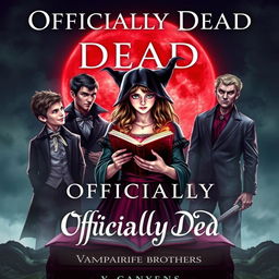 An alluring book cover titled 'Officially Dead', showcasing a teenage witch in the center, clutching a mystical book