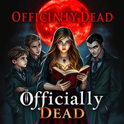 An alluring book cover titled 'Officially Dead', showcasing a teenage witch in the center, clutching a mystical book