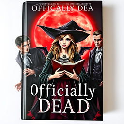 An alluring book cover titled 'Officially Dead', showcasing a teenage witch in the center, clutching a mystical book