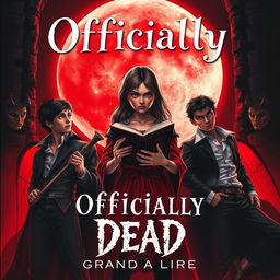 An enticing book cover titled 'Officially Dead', illustrating a teenage witch standing at the center, clutching a mystical book in her hands