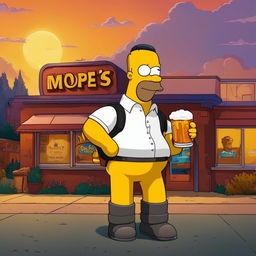 Drake as a Simpsons character standing outside Moe's Tavern with a Duff beer in hand at sunset.