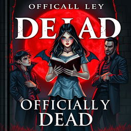 An enticing book cover titled 'Officially Dead', illustrating a teenage witch standing at the center, clutching a mystical book in her hands