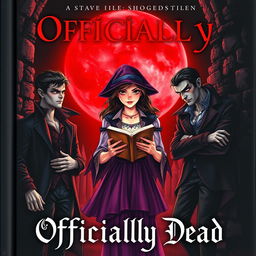 An enticing book cover titled 'Officially Dead', illustrating a teenage witch standing at the center, clutching a mystical book in her hands