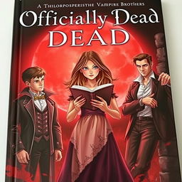 An enticing book cover titled 'Officially Dead', illustrating a teenage witch standing at the center, clutching a mystical book in her hands