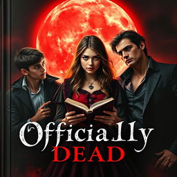 A captivating book cover for 'Officially Dead', featuring a teenage witch at the center, holding a mystical book in her hands