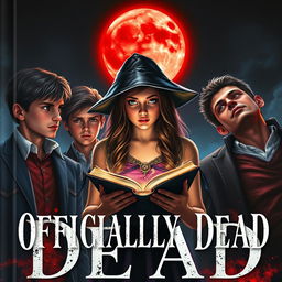 A captivating book cover for 'Officially Dead', featuring a teenage witch at the center, holding a mystical book in her hands