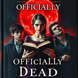 A captivating book cover for 'Officially Dead', featuring a teenage witch at the center, holding a mystical book in her hands