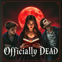 A captivating book cover for 'Officially Dead', featuring a teenage witch at the center, holding a mystical book in her hands