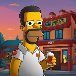 Drake as a Simpsons character standing outside Moe's Tavern with a Duff beer in hand at sunset.