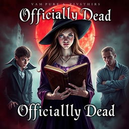 An enchanting book cover for 'Officially Dead', featuring a teenage witch at the center, holding a mystical book with an air of mystery around her