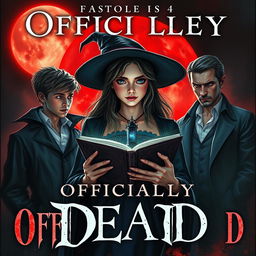 An enchanting book cover for 'Officially Dead', featuring a teenage witch at the center, holding a mystical book with an air of mystery around her