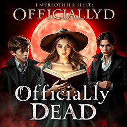 An enchanting book cover for 'Officially Dead', featuring a teenage witch at the center, holding a mystical book with an air of mystery around her