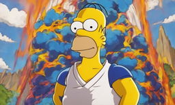 Anime-style portrait of Homer Simpson in Dragonball attire with enhanced muscular structure and energy waves radiating from him against a vibrant battle scene