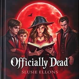 An enchanting book cover for 'Officially Dead', featuring a teenage witch at the center, holding a mystical book with an air of mystery around her