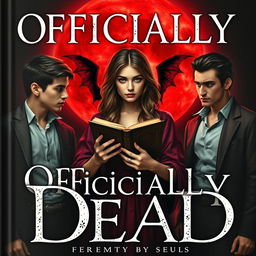 A striking book cover for 'Officially Dead', featuring a teenage witch at the center, holding an ancient, mystical book