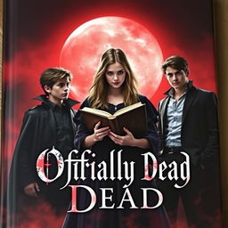 A striking book cover for 'Officially Dead', featuring a teenage witch at the center, holding an ancient, mystical book