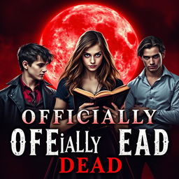 A striking book cover for 'Officially Dead', featuring a teenage witch at the center, holding an ancient, mystical book