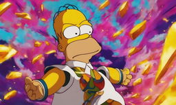 Anime-style portrait of Homer Simpson in Dragonball attire with enhanced muscular structure and energy waves radiating from him against a vibrant battle scene