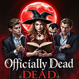An eye-catching book cover for 'Officially Dead', featuring a teenage witch at the center, confidently holding a mystical book