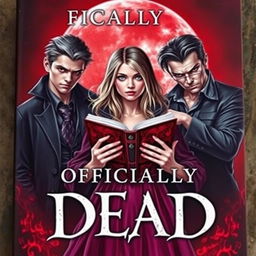 An eye-catching book cover for 'Officially Dead', featuring a teenage witch at the center, confidently holding a mystical book