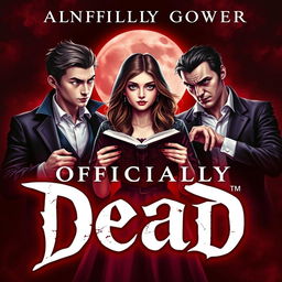 An eye-catching book cover for 'Officially Dead', featuring a teenage witch at the center, confidently holding a mystical book