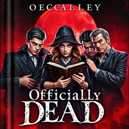 An eye-catching book cover for 'Officially Dead', featuring a teenage witch at the center, confidently holding a mystical book