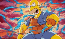 Anime-style portrait of Homer Simpson in Dragonball attire with enhanced muscular structure and energy waves radiating from him against a vibrant battle scene