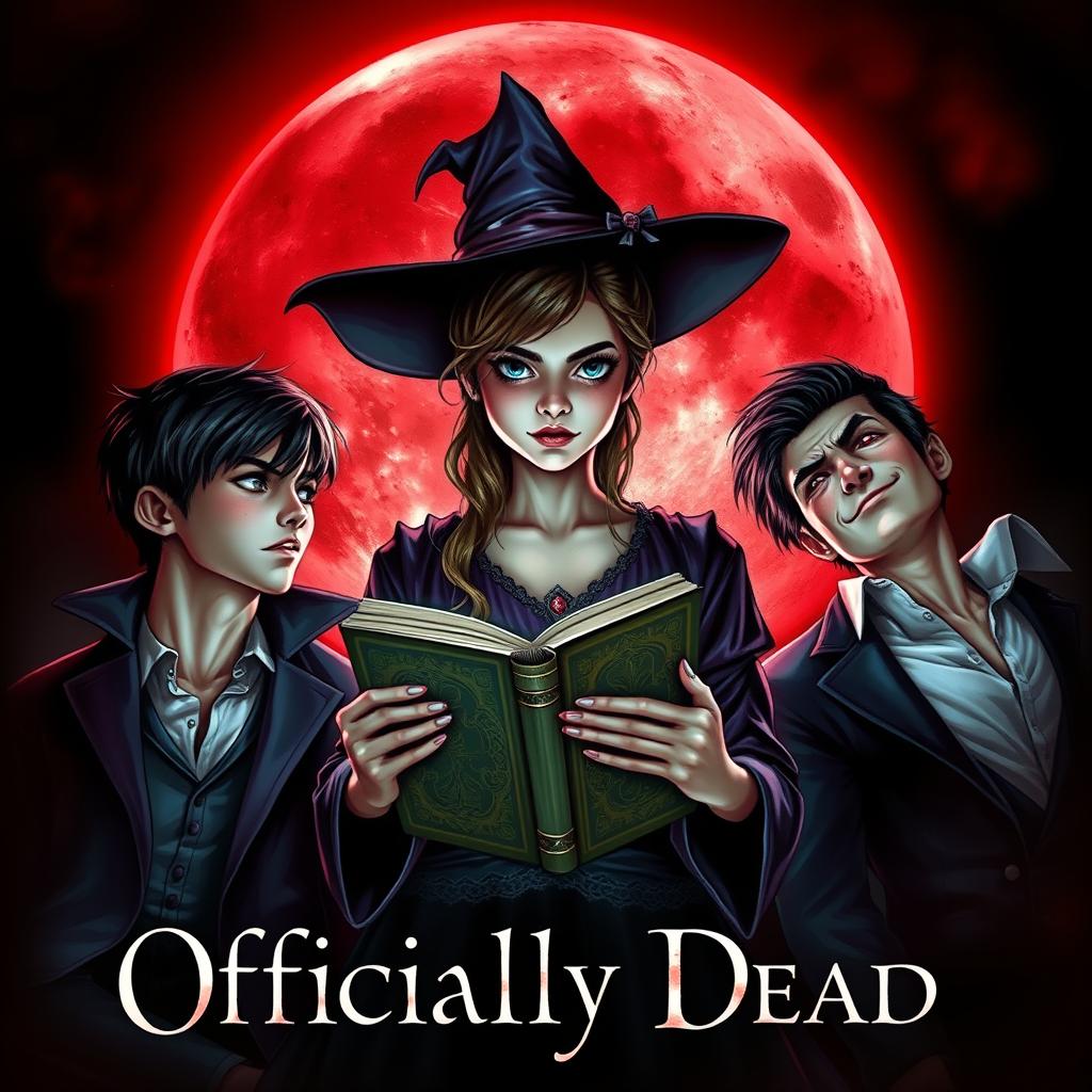 A captivating book cover for 'Officially Dead', featuring a teenage witch at the center, confidently holding an ancient book