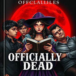 A captivating book cover for 'Officially Dead', featuring a teenage witch at the center, confidently holding an ancient book