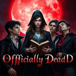 A captivating book cover for 'Officially Dead', featuring a teenage witch at the center, confidently holding an ancient book