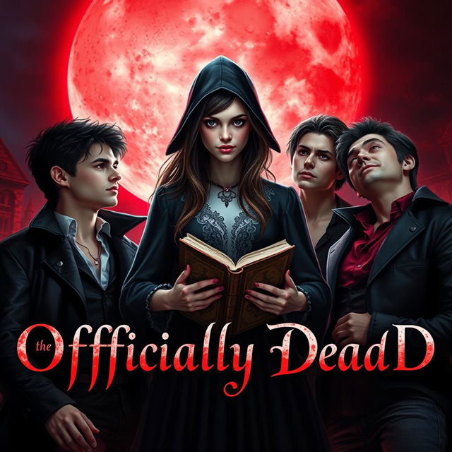 A captivating book cover for 'Officially Dead', featuring a teenage witch at the center, confidently holding an ancient book